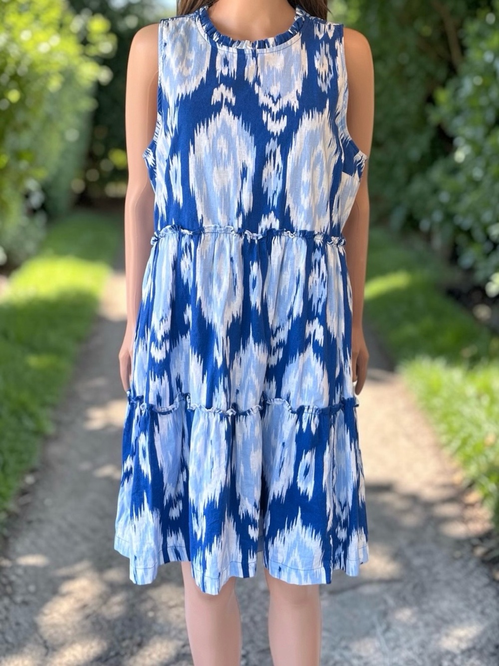 Crown & Ivy Linen Cotton Tiered Dress Large Blue Ikat Abstract Pockets Lined